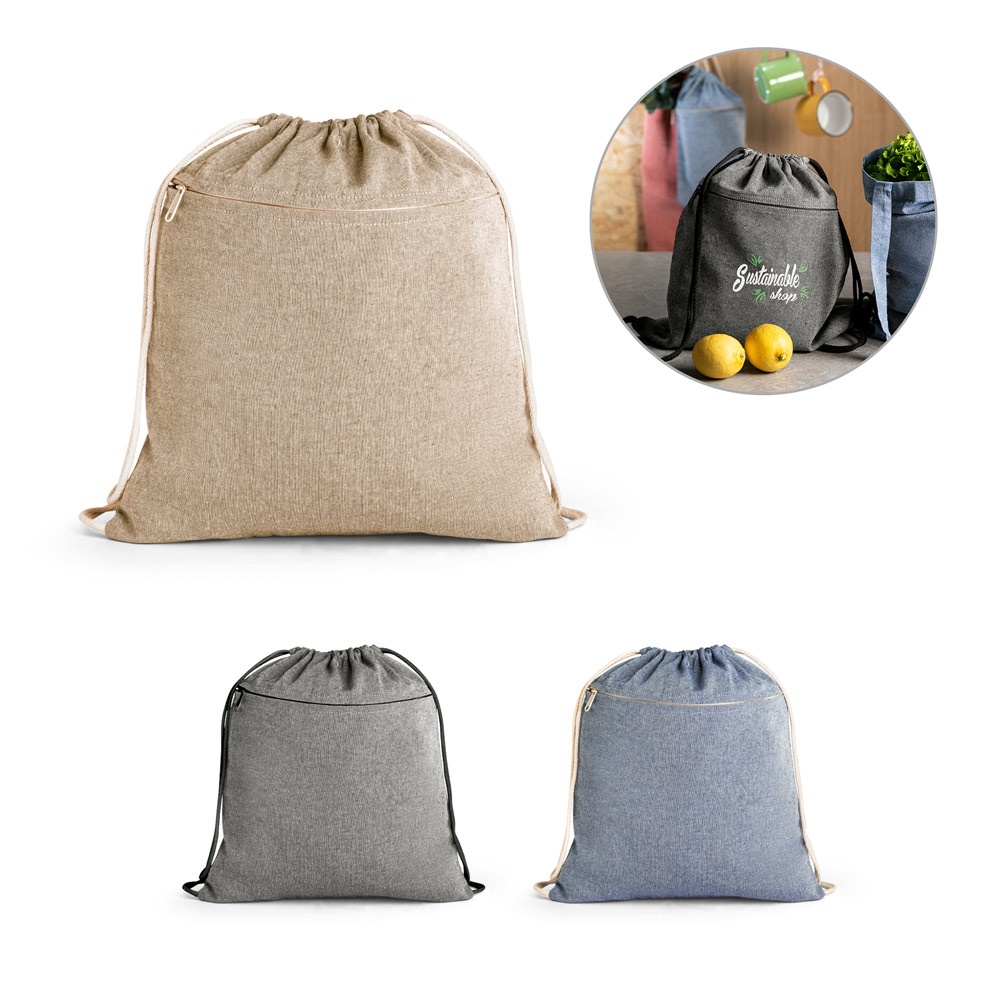 KANSPRAAK. Rugzak met trekkoord, gemaakt van gerecycled katoen (70%), polyester (30% rPET) (140 g/m²)
