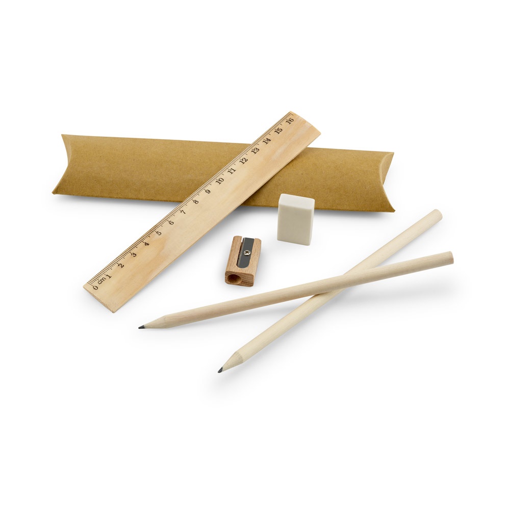 RHOMBUS. Schoolschrijfset: liniaal, potloden, gum en puntenslijper.