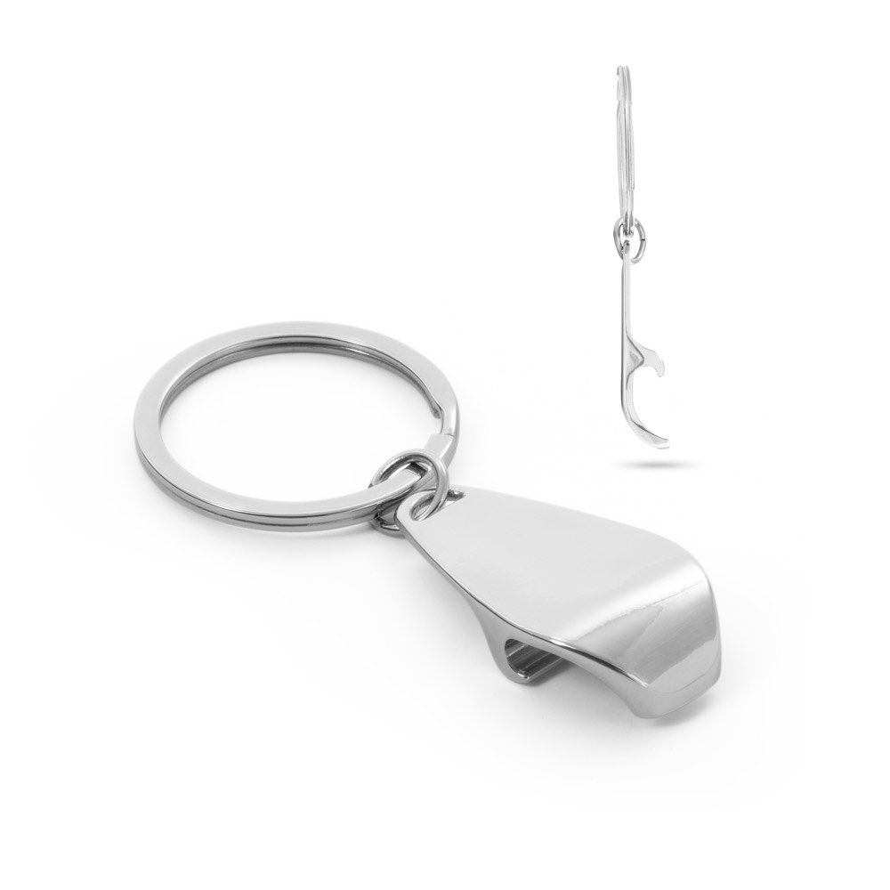 HELLI. Metalen sleutelhanger met flesopener.