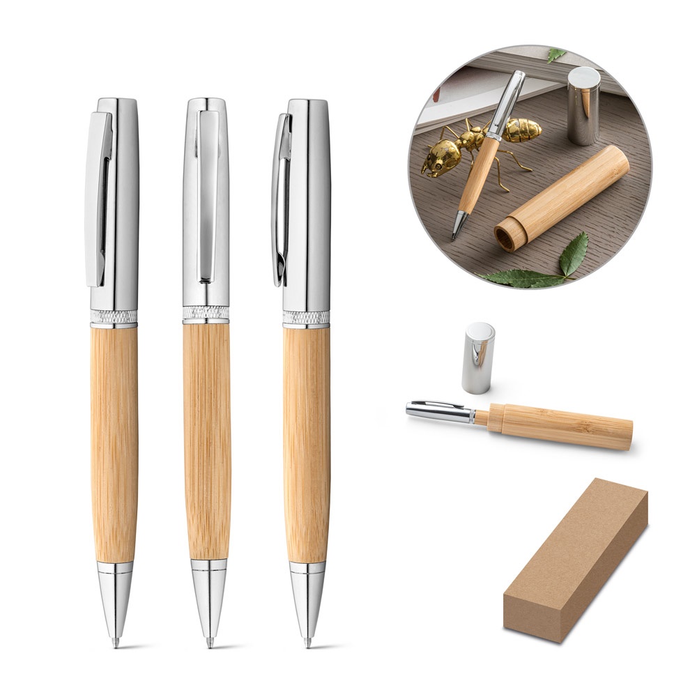 FUJI. Balpen van metaal en bamboe met etui.