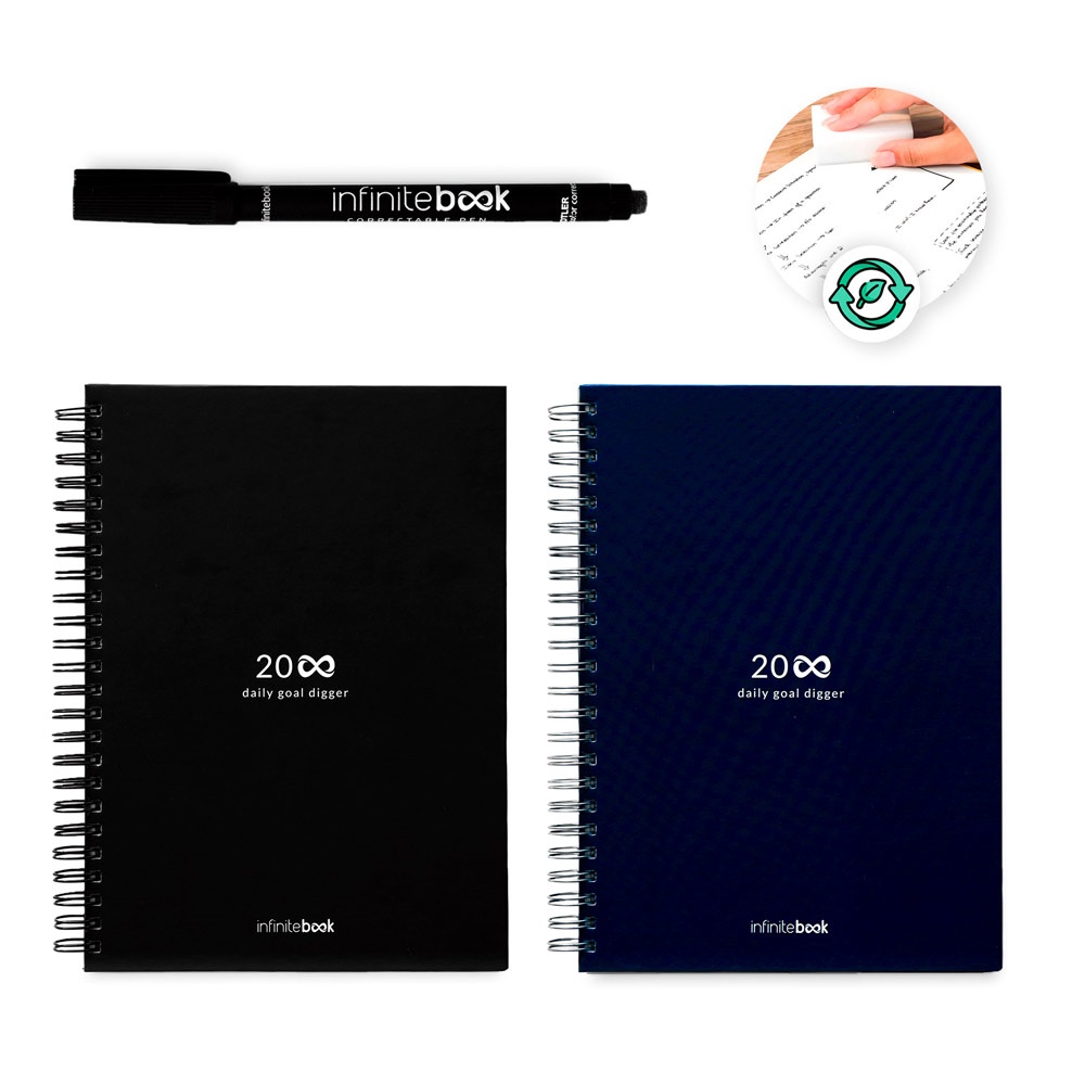INFINITE PLANNER STARTERKIT A5. De set bevat een "Infinity Diary", een schoonmaaksetje, een marker en een markerhouder.