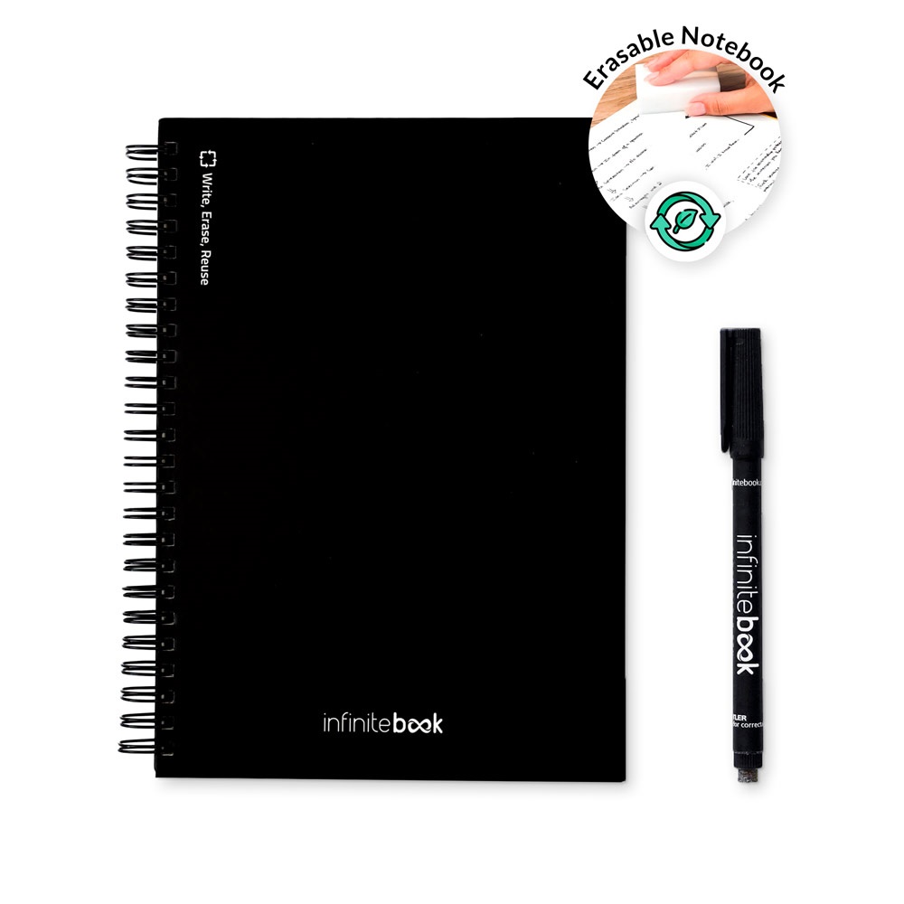 INFINITEBOOK A5 STARTERKIT. De set bevat een "Infinitebook", een schoonmaakset, een marker en een markerhouder.