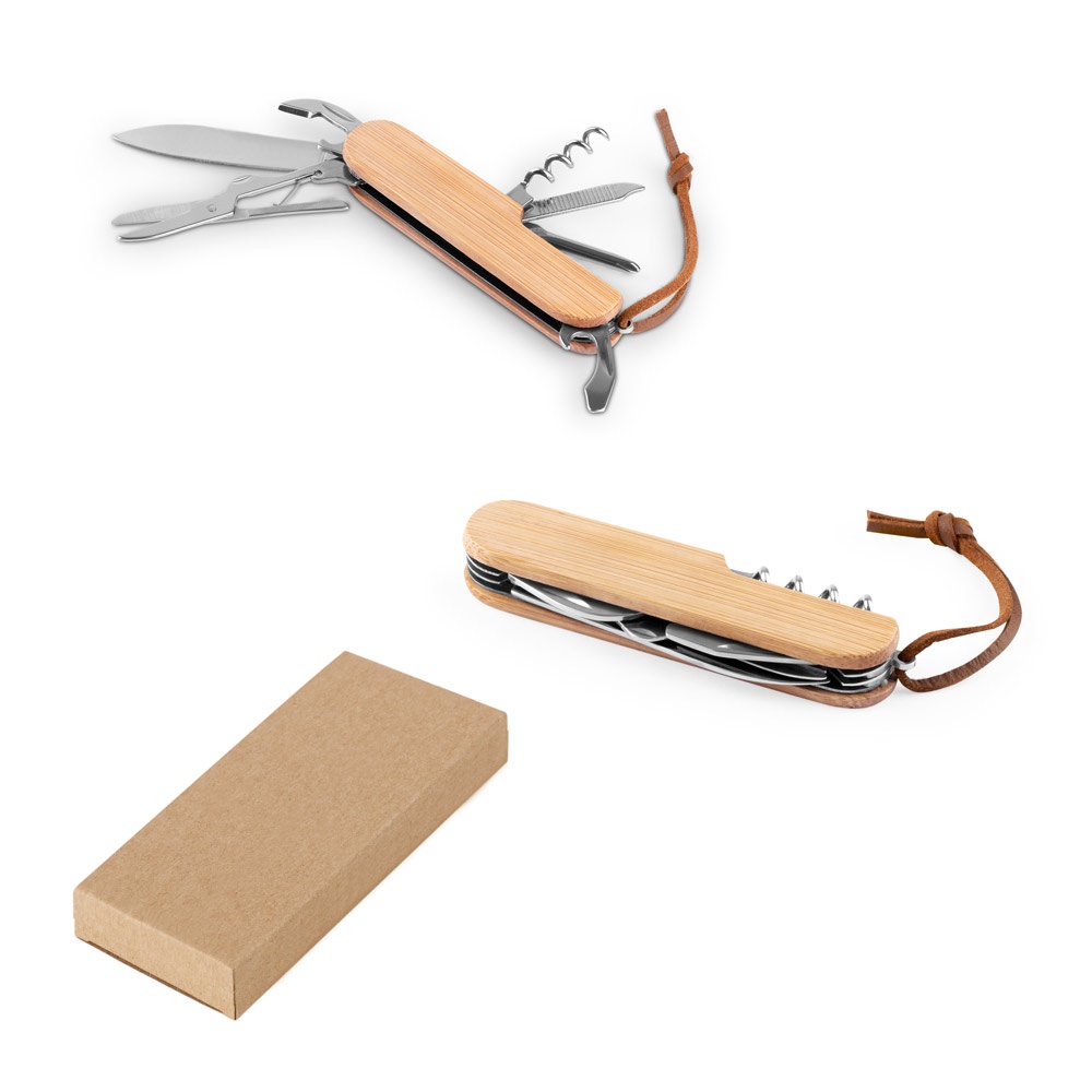 RYKER. Couteau de poche multifonctionnel en bambou et acier inoxydable avec manche en PU.