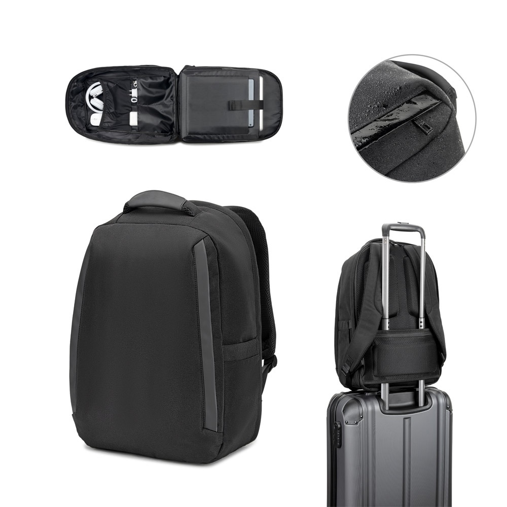 YANGON BPACK. Diefstalbestendige rugzak, gemaakt van 600D gerecycled polyester met hoge dichtheid en een waterafstotende coating, geschikt voor een 17,3 inch laptop.