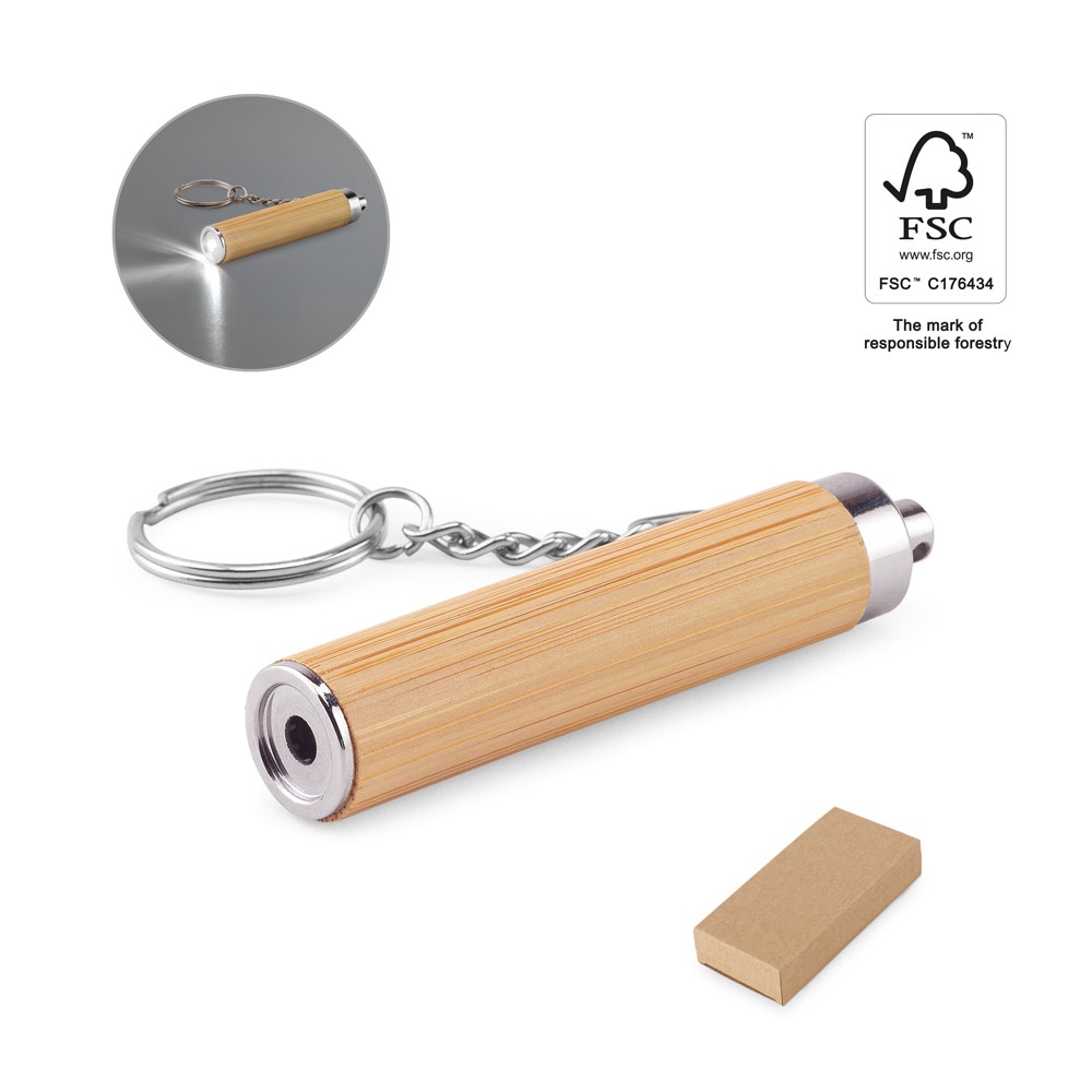 RACHEL. Sleutelhanger van bamboe en ABS met LED-zaklamp.