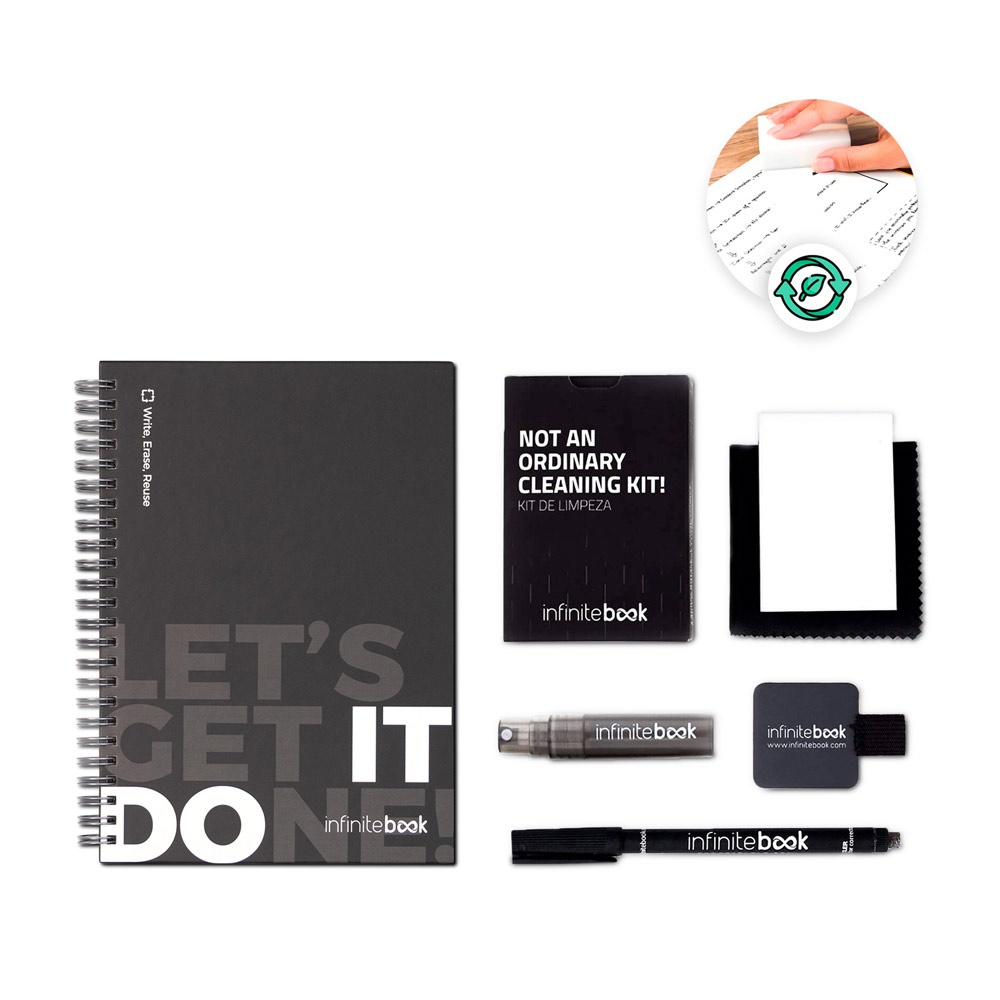 INFINITEBOOK STARTERKIT. Set bestaande uit een hardcover "Infinitebook", 1 schoonmaaksetje, 1 marker en 1 markerhouder.