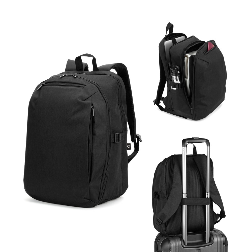 UDINE. Sac à dos de 16 pouces avec un compartiment entièrement ouvrable, fabriqué en polyester recyclé haute densité 300D.