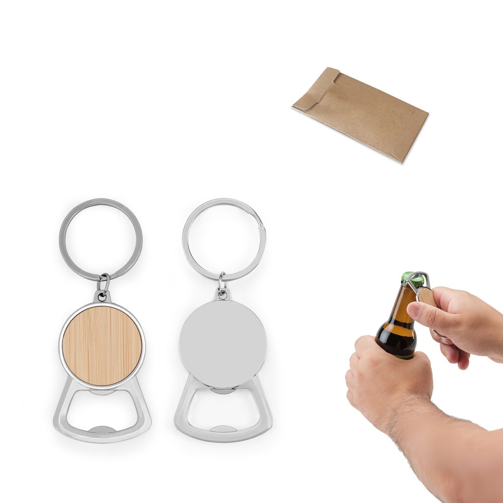 MEEKO. Ronde sleutelhanger van zink en bamboe.