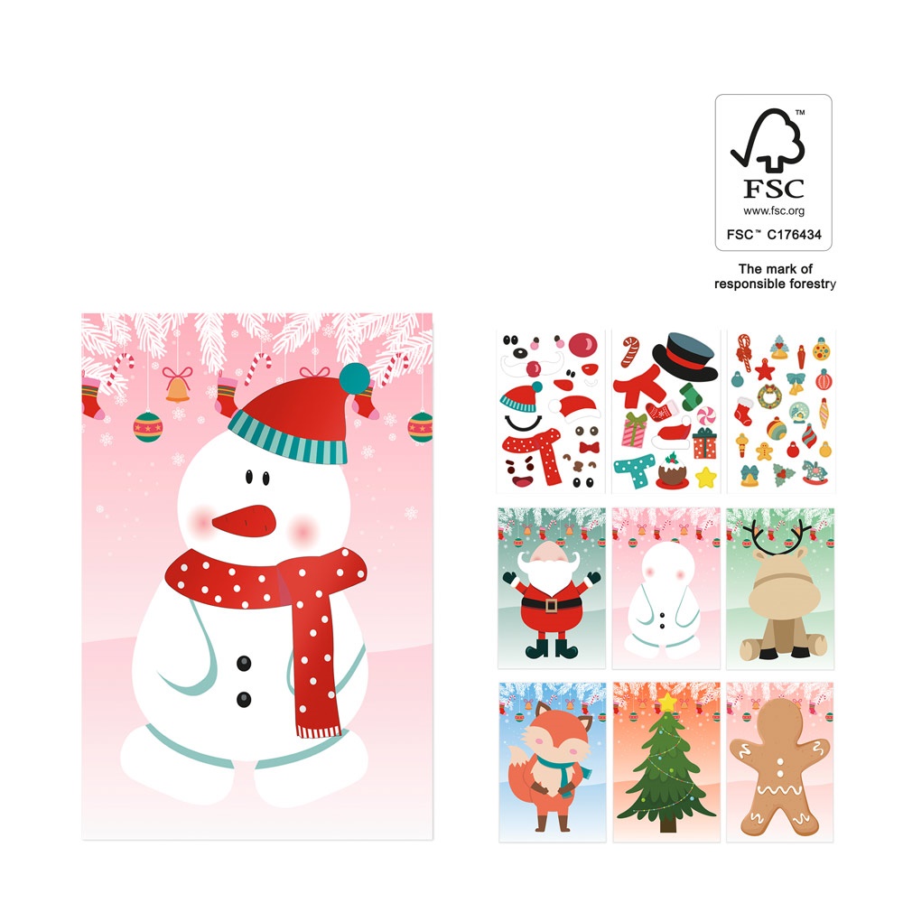 GLIMN. Set van zes vellen met kerstfiguren en drie vellen stickers.