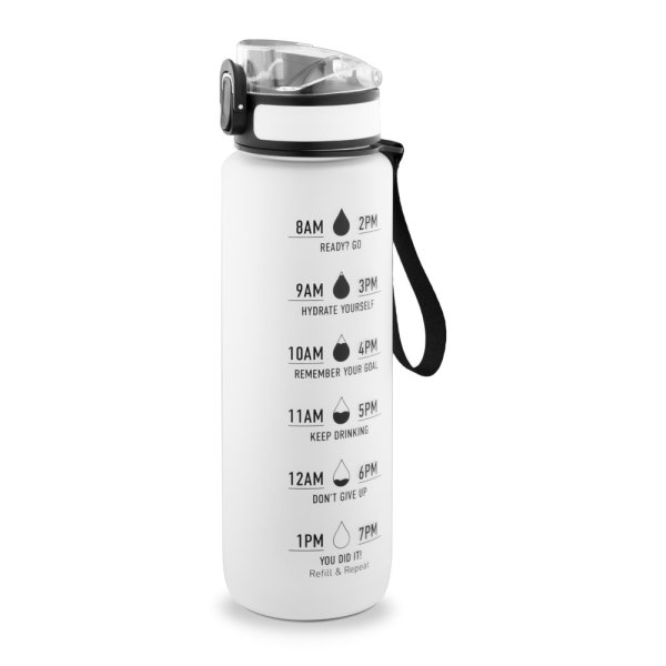 ERIKSSON. Bouteille d'eau en PET recyclé (100 % rPET), avec des phrases motivantes et des repères temporels pour encourager la consommation d'eau. - 106 - Blanc