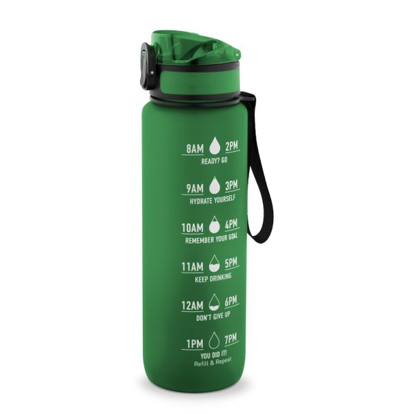 ERIKSSON. Bouteille d'eau en PET recyclé (100 % rPET), avec des phrases motivantes et des repères temporels pour encourager la consommation d'eau. - 109 - Vert