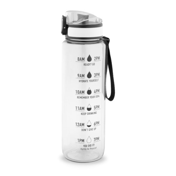 ERIKSSON. Bouteille d'eau en PET recyclé (100 % rPET), avec des phrases motivantes et des repères temporels pour encourager la consommation d'eau. - 110 - Transparent