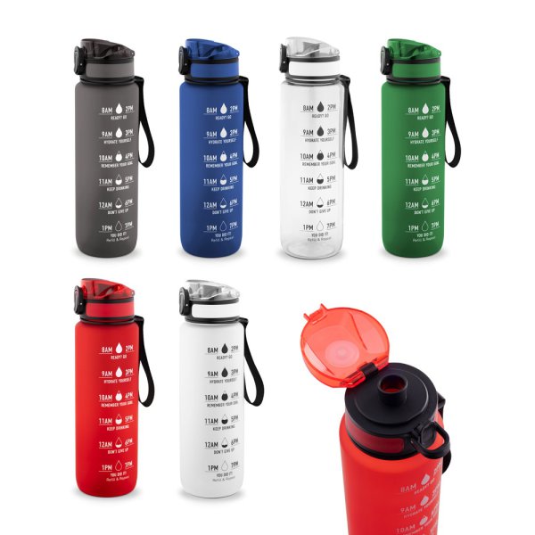 ERIKSSON. Waterfles van gerecycled PET (100% rPET), met motiverende teksten en tijdsaanduidingen om het drinken van water te stimuleren.