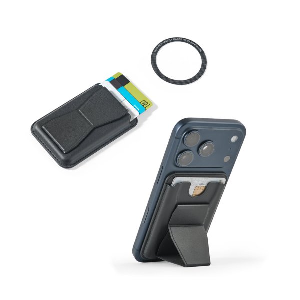 CONNOR. Magnetische kaarthouder van imitatieleer, eenvoudig te bevestigen aan de achterkant van je telefoon en biedt RFID-bescherming.