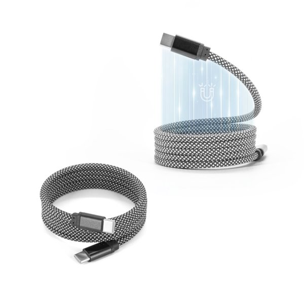 NADELLA. USB-C naar USB-C kabel (60W), met gevlochten polyester snoer en magnetisch systeem voor eenvoudig oprollen.